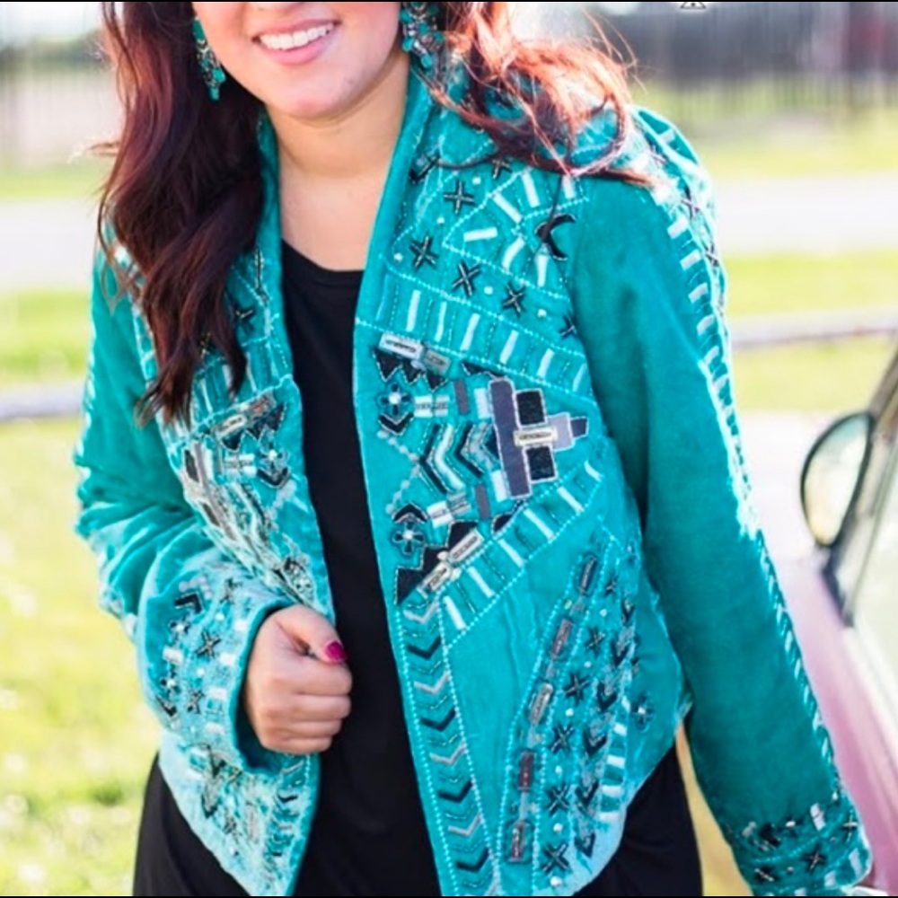 Crazy train “the Jennings” turquoise beaded jacket